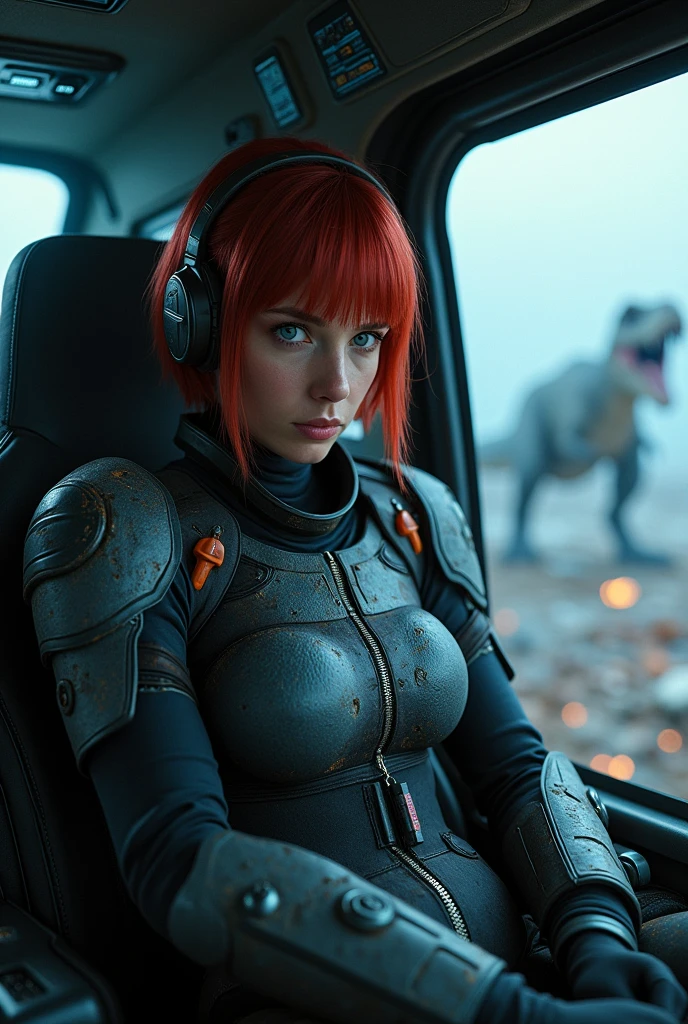 A photorealistic, ultra-detailed close-up image of Regina being lifted to safety in a rescue helicopter, the aftermath of her harrowing mission clear in her expression. Her short straight red hair with long bangs is messy, and her blue eyes are tired but relieved. She sits in the helicopter, looking through the window, her black tactical bodysuit torn and covered in dirt with the grey armor plating severely damaged. The background shows the facility below, with smoke rising from various points of destruction, and the silhouette of the Tyrannosaurus Rex visible in the distance as it roars in frustration. Inside the helicopter, the atmosphere is tense but filled with a sense of survival and accomplishment, .. creating glowing line spelling out the words "Be careful of bragging friends", glowing blue light, dynamic color, there is line scattered around her, depth of field, dynamic angle