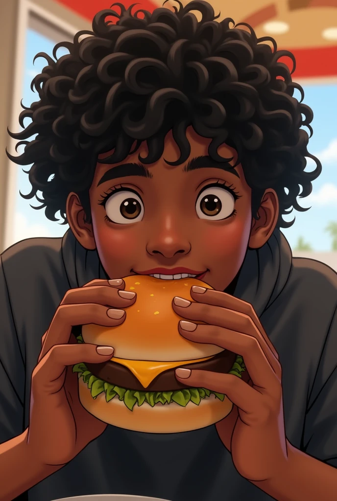 dark skinned teenager with SHORT wavy black hair and brown eyes eating hamburger WITH SHORT HAIR
