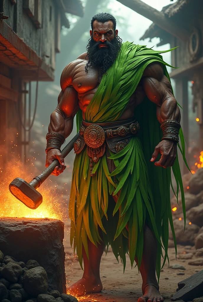 Orixa Ògún dressed in palm leaves in the forge making a sword