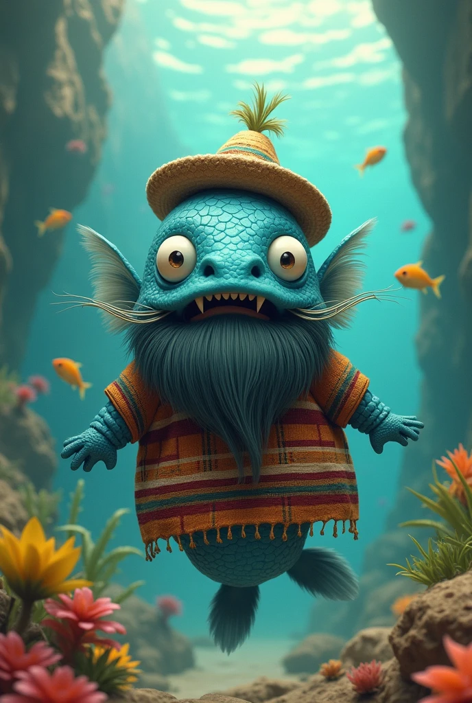  Generate a mohan or a catfish with a giant beard and large fangs and humanoid shape that is cute and tender with typical clothing from the Andean region and that lives in the water with the other catfish 