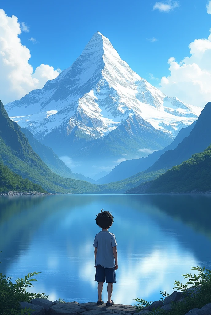 Background: Mount Jyumandai,Mountain snow,Lake on the mountain,Boy's back,Reflections in water,Blue sky