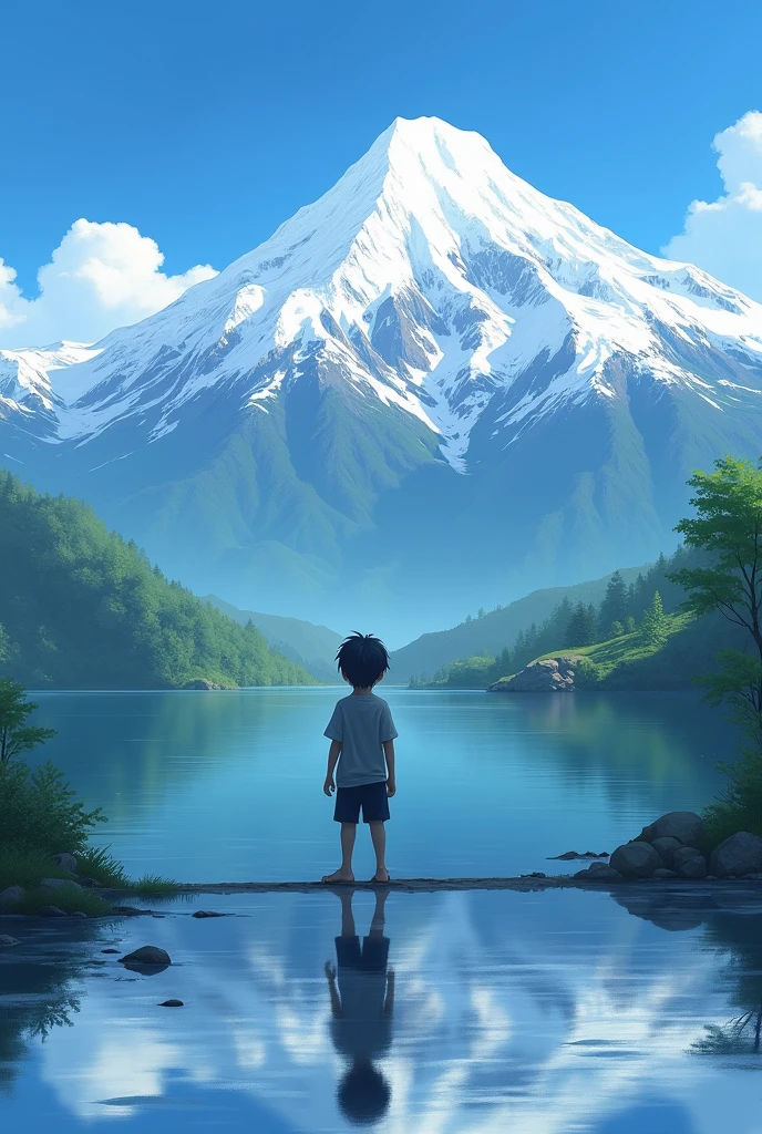 Background: Mount Jyumandai，Mountain snow，Lake on the mountain，Boy&#39;s back，Reflections in water，Blue sky