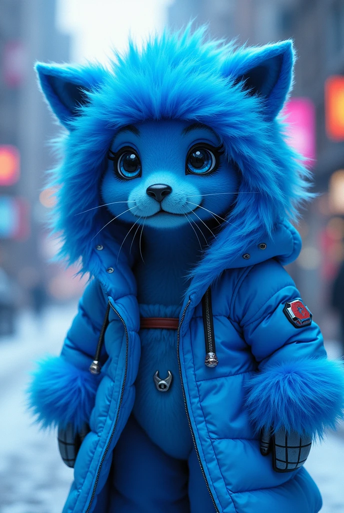 Blue furry wearing a Sub-Zero-shaped coat and mask in anime style ,with neon blue and light blue color palettes