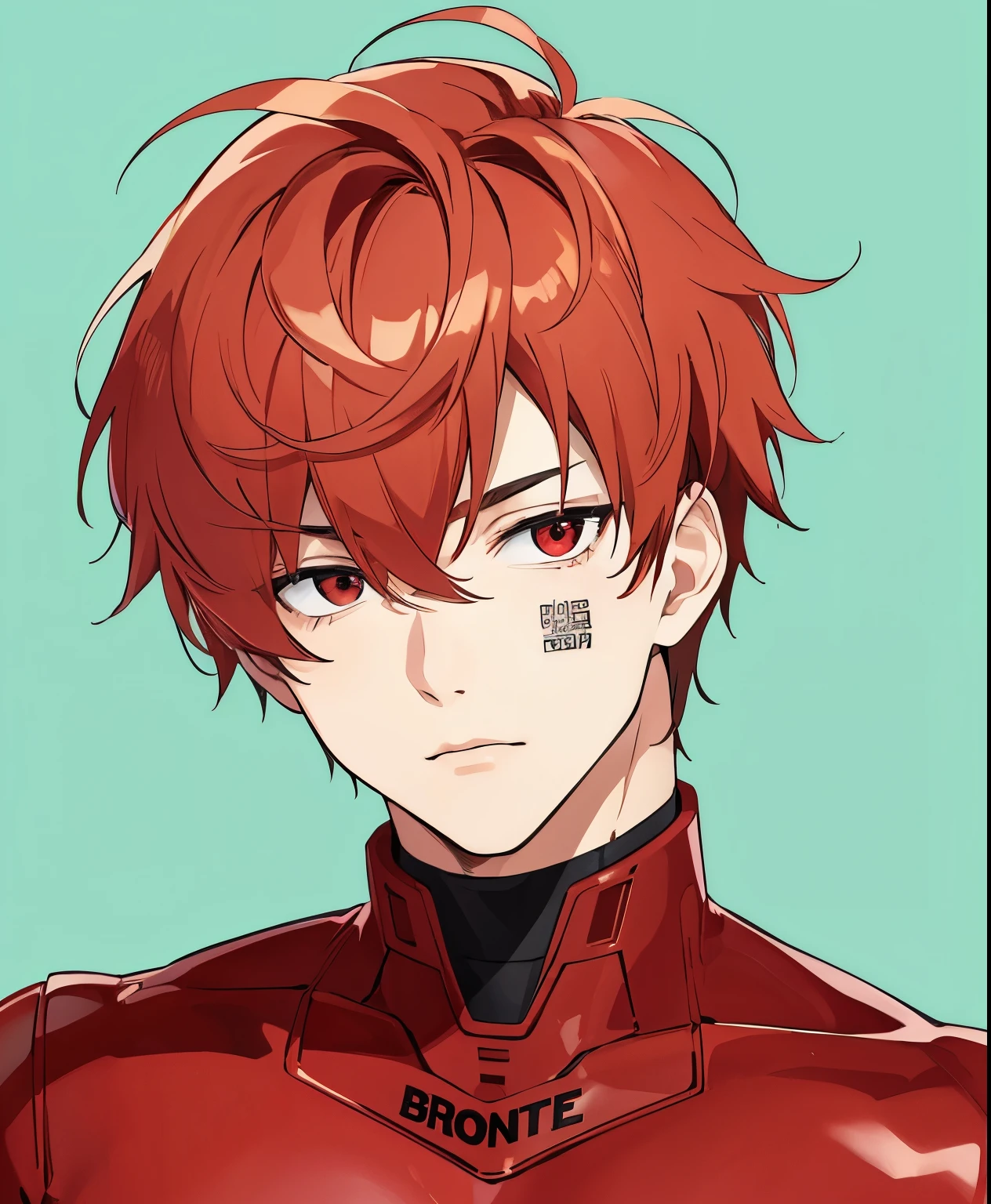(masterpiece), best quality, expressive eyes, perfect face, fair skin, light skin, short hair, short copper hair, copper brown hair, brown hair, red eyes, stern expression, neutral expression, built, muscular, red bodysuit, latex bodysuit, portrait, waist-up portrait, facing viewer, looking at viewer, blank background, male, soft features, adult man