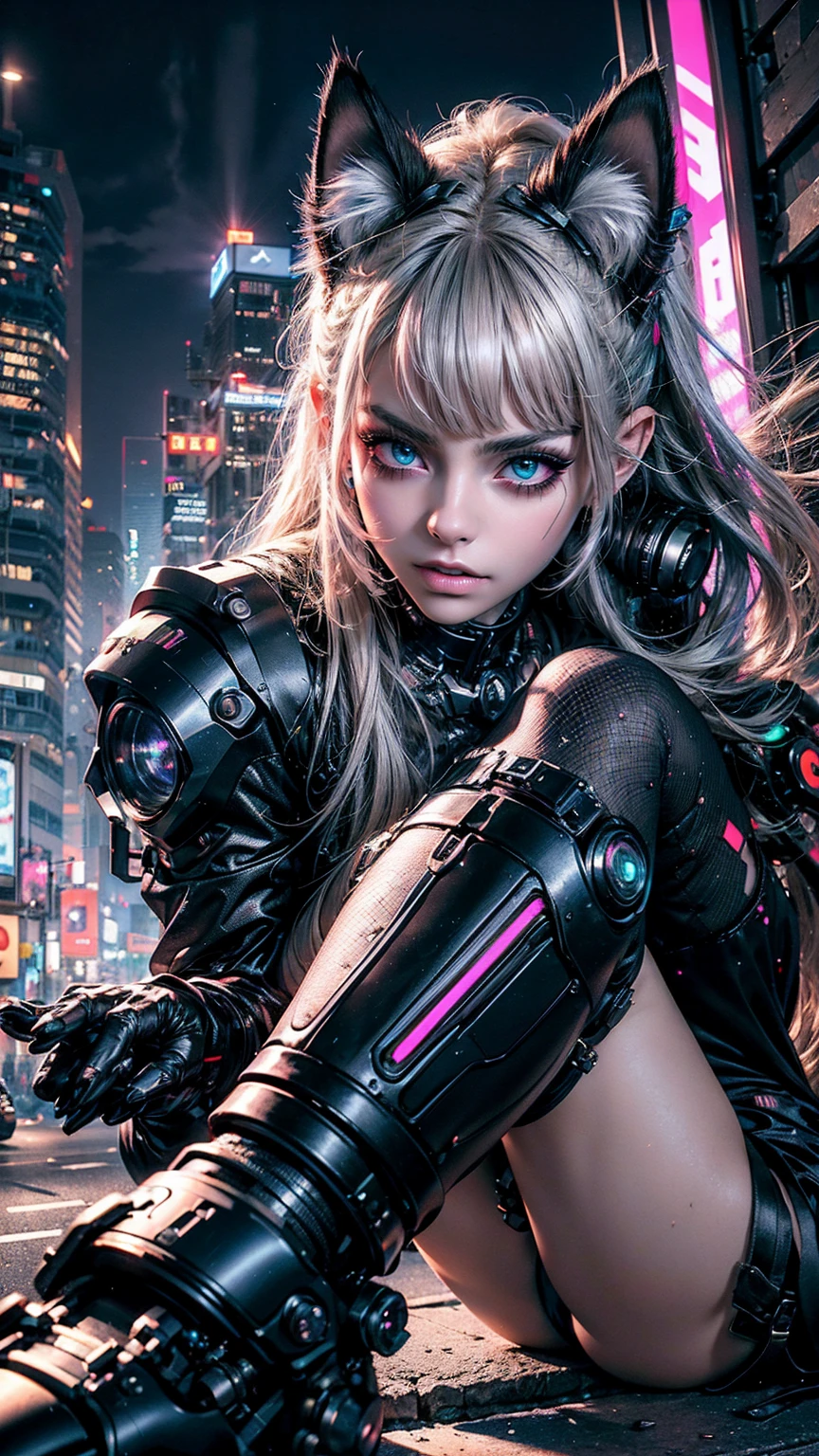 masterpiece, Best Quality, Angle elevation, Cyberpunk City, 1 girl, alone, Pale skin, cat ears, purple and black hair, cybernetic arms, cyborg, Neon lights on their clothes and cybernetic augmentations, 3D, hyperrealistic, realist, young girl, sexy, beautiful face, cat ears cyberpunk, cyberpunk style, beautiful, striking, autophoto, Neon lights, intricate details, soft skin, hyperrealistic, side glance, foreshortening, Extremely detailed 8k, seeds, High resolution, ultra quality, very detailed cat eyes, very detailed mouth, Very detailed face, Perfect eyes, the eyes are like those of a cat, true light, Glare, iridescent, global illumination, real hair movement, Neon light de la ciudad, real shadow, the true way, 4k high definition, luz de neón realista, bright Eyes, purple eyes, fluorescent eyes, Neon light, half body, close up, Neon colors, purpura, rosa, blue, negro
