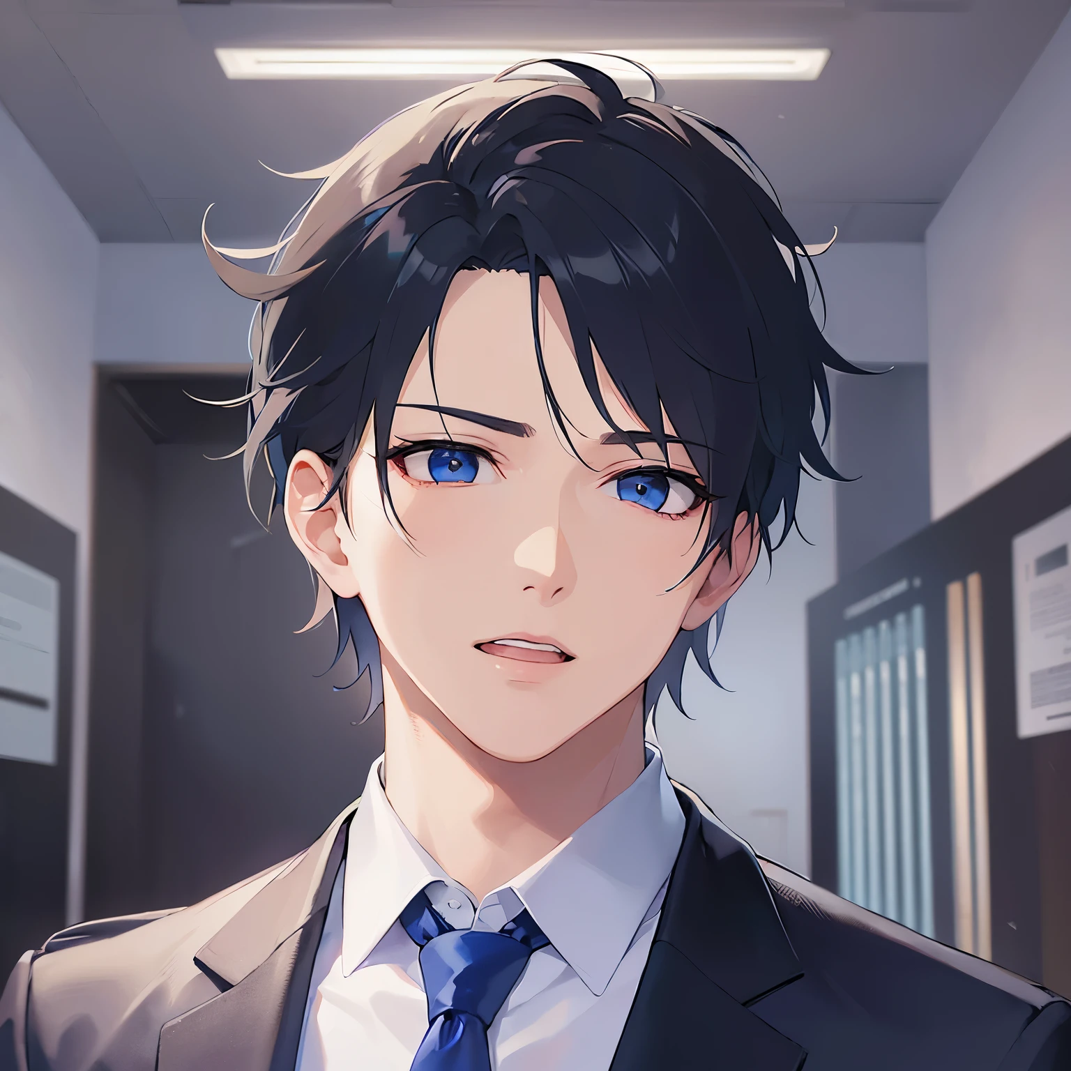 (2 male:1.5) and (Black short hair) and (blue eyes), shiny skin, masterpiece、Highest quality、
(Wearing a suit:1.5) and (Blue tie)、
confused,open mouth,
The background is the conference room、(alone:1.5)
