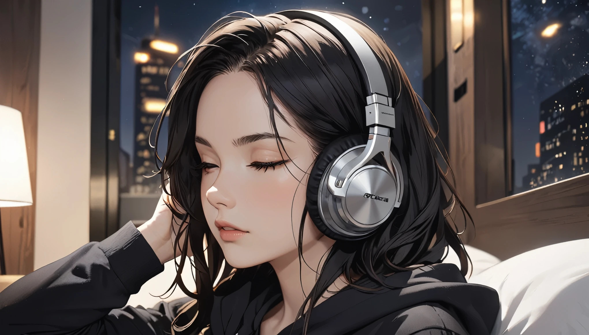 (masterpiece, Super Detail, Attention to detail, Highest quality, 8k, Album artwork,Close-up ,woman,Eyes closed,night,room,With the hood of a black sweatshirt pulled up,Wearing headphones and listening to music