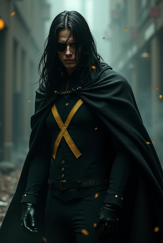 black hair, man , hair a little long, black cloak, left eye closed with a patch, yellow iron X in the middle of the suit