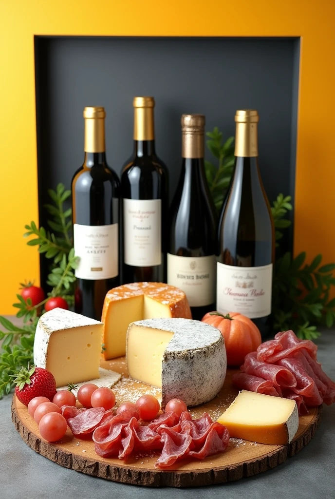 create a banner for cheeses, wines and cold cuts in general with yellow and black borders