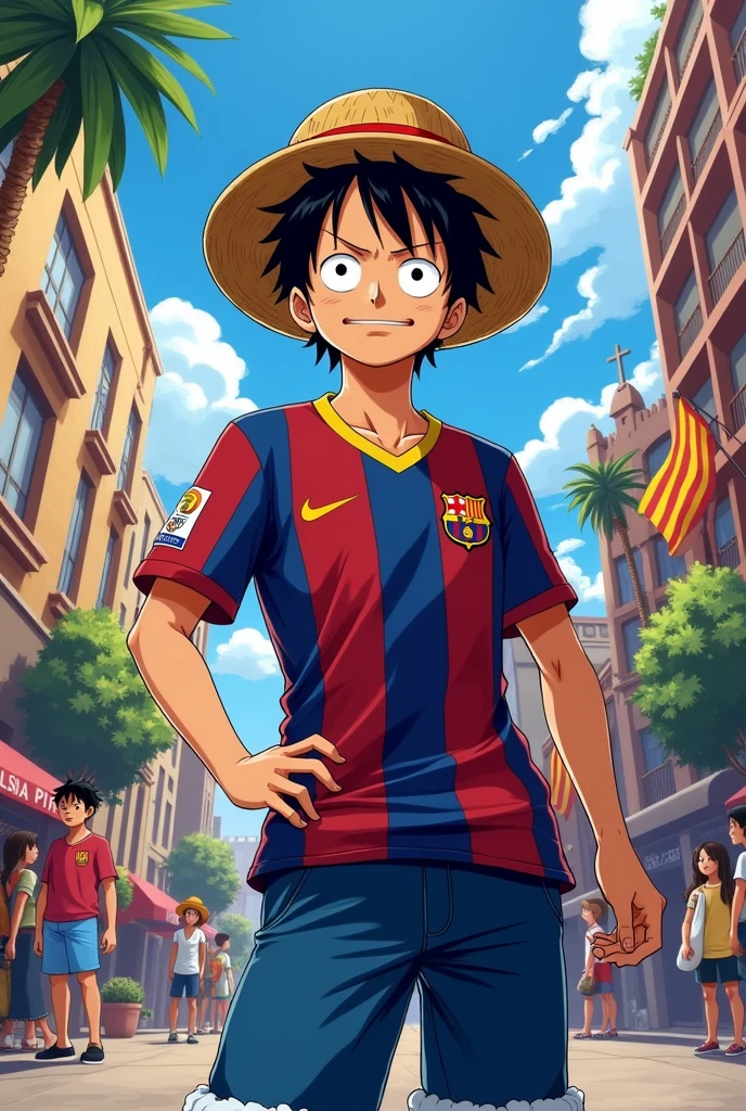 monkey d Luffy in Barcelona jersey. one piece character.