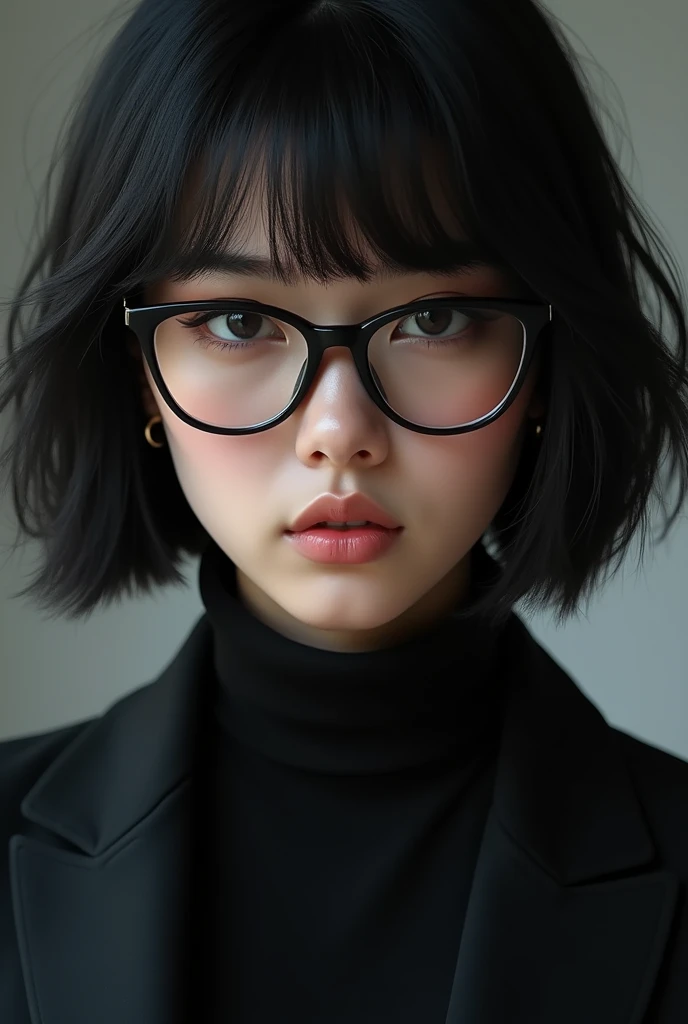 A Brazilian woman with Korean features and wearing black clothes with short hair and a fringe and all black hair with glasses
