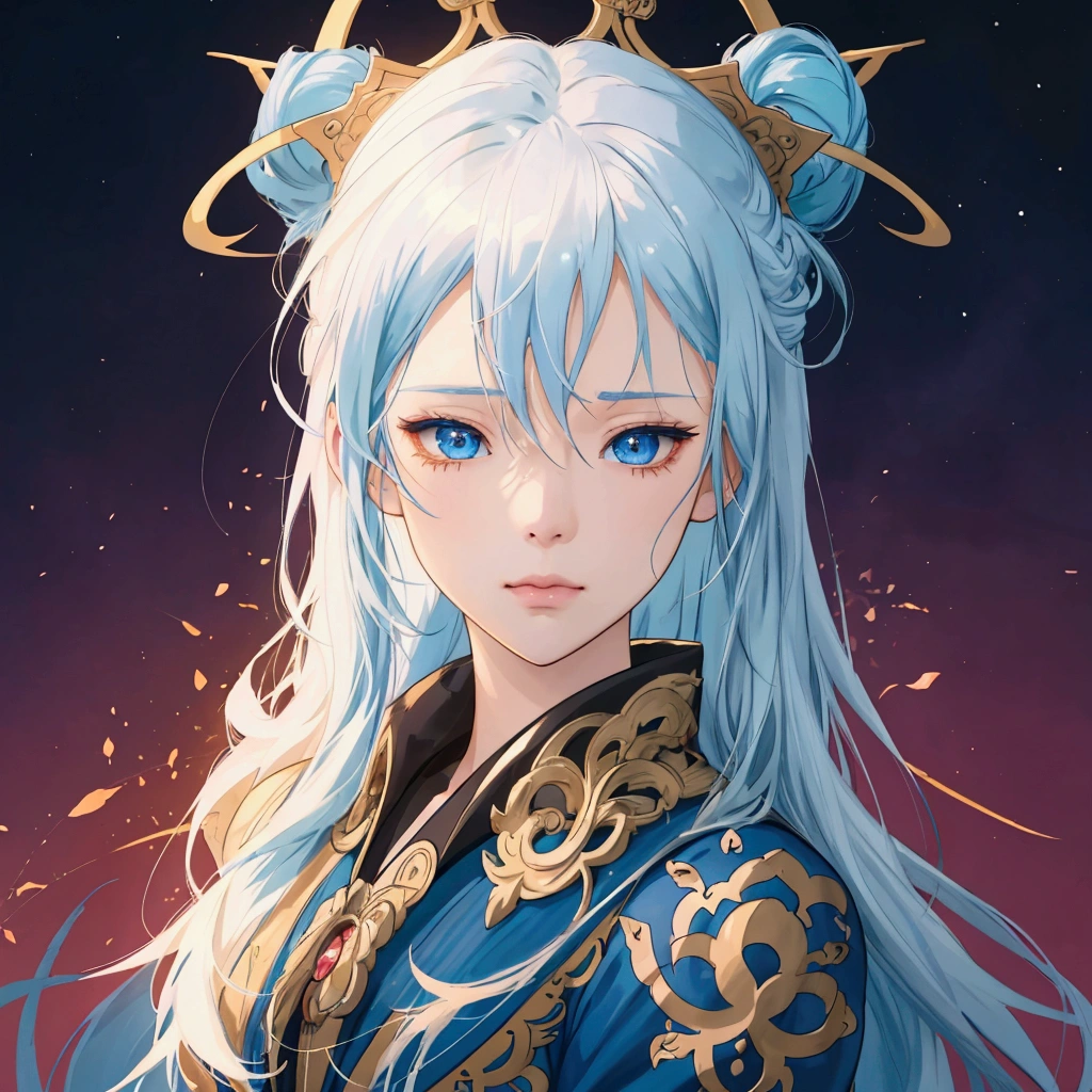A girl with long white hair and blue eyes，In a blue and gold dress, guweiz style artwork, Anime Art Wallpaper 4K, Anime Art Wallpaper 4K, Anime style 4 k, Digital Anime Illustration, Anime styled digital art, Lovely and detailed digital art, Fantasy art style, Detailed digital anime art, Anime style. 8K, Stylized anime