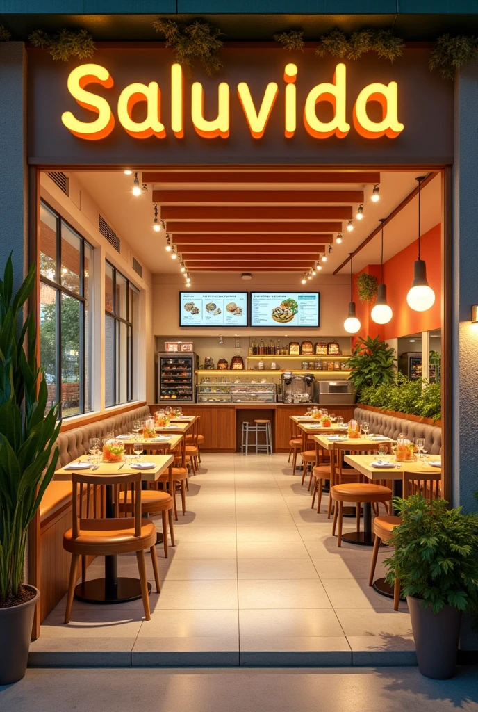 healthy cafeteria with the name SALUVIDA, with a family concept, clean, colorful, not very big, but with a cozy atmosphere,
Saludida is a cafeteria that offers healthy food, We have screens showing the menu, It is a place with pleasant lighting, Warm at night but clear during the day, 2 interior images from different angles and 2 exterior images showing the facade of the SALUVIDA cafeteria
