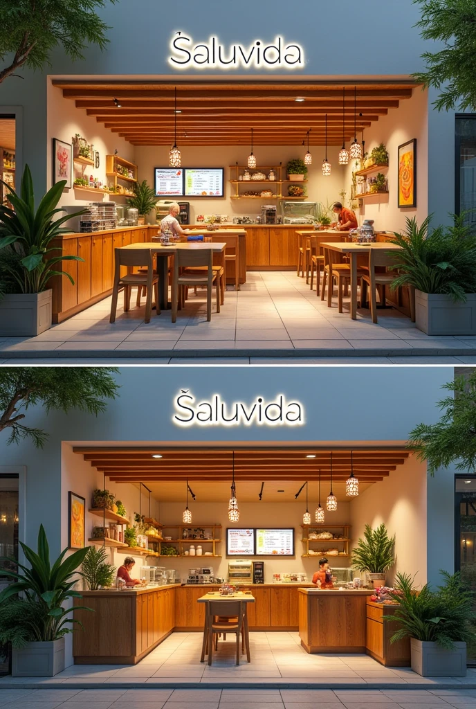 healthy cafeteria with the name SALUVIDA, with a family concept, clean, colorful, not very big, but with a cozy atmosphere, 
Saludida is a cafeteria that offers healthy food, We have screens showing the menu, It is a place with pleasant lighting, Warm at night but clear during the day,  2 interior images from different angles and 2 exterior images showing the facade of the SALUVIDA cafeteria