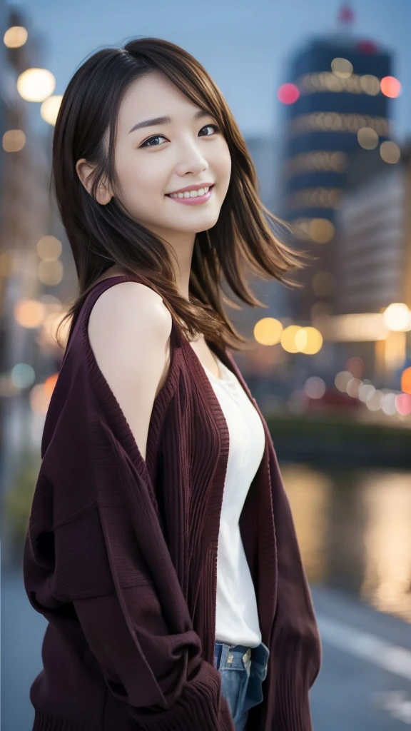 (Surreal), (High resolution), (8k), (Very detailed), (Beautiful and detailed), (Highest quality), (Very detailedな), (masterpiece), (Detailed face), Soft Focus、Yui Arakaki's face、Huge 、Japanese、City background、Tie your hair、Laughter、camisole、Long sleeve cardigan、Full body shut、Brown Hair、The best smile、One screen, one person、Only one person