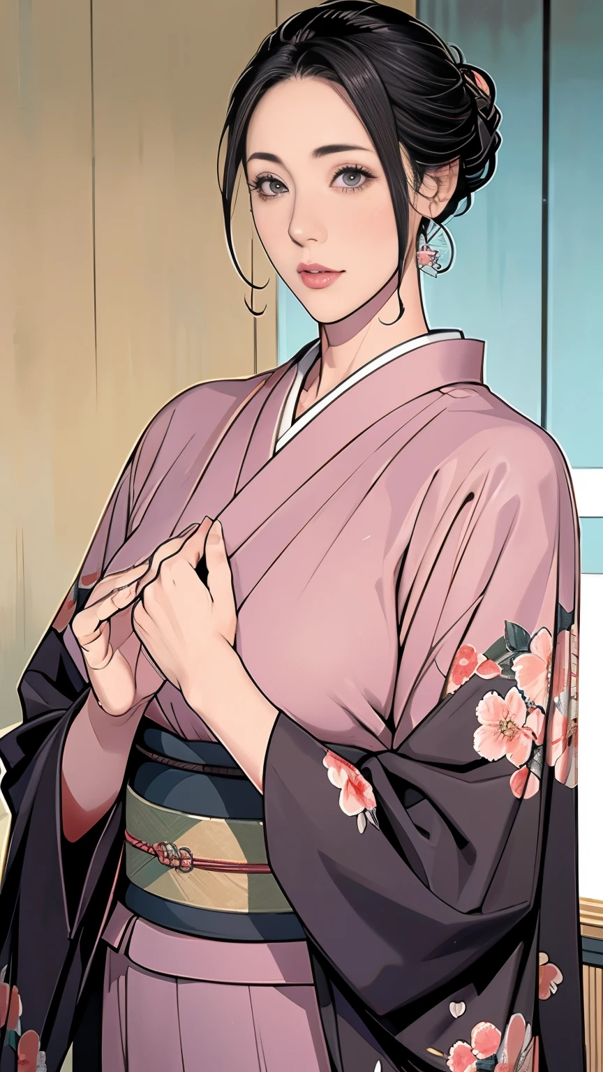 1，Japanese hairstyle，Photorealism，detailed，masterpiece，mature，((full))， (Broad shoulders), ((Huge))，プラスサイズのmature女性，expensive，30 years old，Pretty face, (Plump woman)，Beautiful long-sleeved kimono，kimono，Hold your chest with both hands:1，high quality，Are standing，High resolution 4K information,Kyoto,
