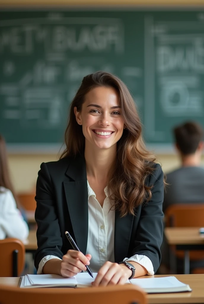 Woman with a pleased face in a classroom