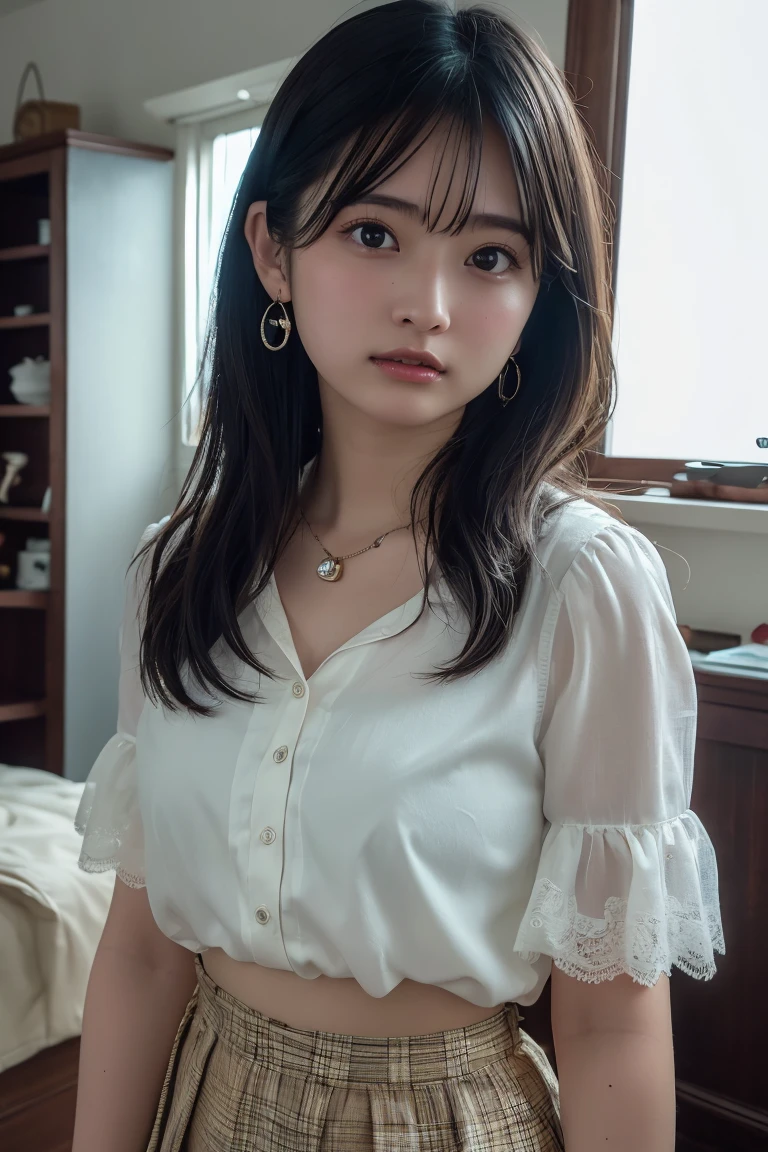 (Highest quality:1.4),(masterpiece:1.4),(Realistic:1.4),(Realistic:1.2),(超High resolution, RAW Photos:1.4),(High resolution, Ultra-detailed:1.2),(8k:1.2),View your viewers,Cinematic photography,One person,skeletally correct,Black-haired woman,Woman in her early 20s,(Small earrings,necklace,White blouse,Cream tulle skirt),(Western-style building interior,Dimly lit room,The lamplight shines on my cheeks)