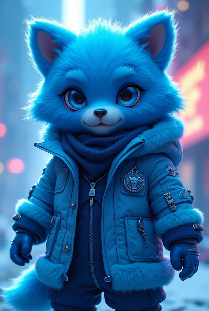 Blue furry wearing a Sub-Zero-shaped coat and mask in anime style ,with neon blue and light blue color palettes 