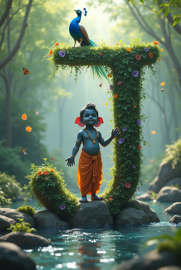 Create a serene, ethereal scene featuring a young Lord Ganesha standing on Alfabet. He is depicted as a child with dark blue skin, wearing traditional attire in shades of blue and orange, adorned with a peacock feather on his head. He stands on a rock, surrounded by flowing water and lush greenery, with vines and flowers cascading from a large, moss-covered letter 'J' in the background not bulerd. A vibrant Mice with its feathers spread out gracefully complements the scene. The environment is peaceful, with soft light, fluttering butterflies, and an overall divine ambiance