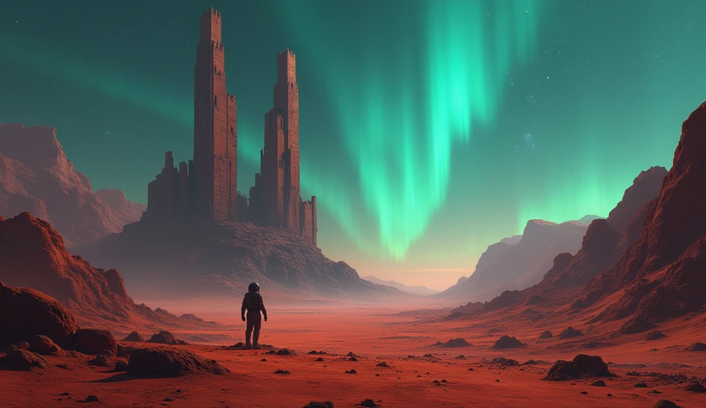 landscape, Northern Lights in the sky, Mysterious ruins of buildings of advanced alien civilization on Mars,Crumbling structure,The environment is desolate,Infinite horizon,Atmospheric perspective,(Astronaut explorer),Weird atmosphere,(Strange symbols),Surreal landscape, Unobstructed panoramic views,dusty red sand,Distant starry sky,(Sci-fi concept art),(Highest quality detailed illustrations,4K,high resolution,masterpiece:1.2),High Dynamic Range,