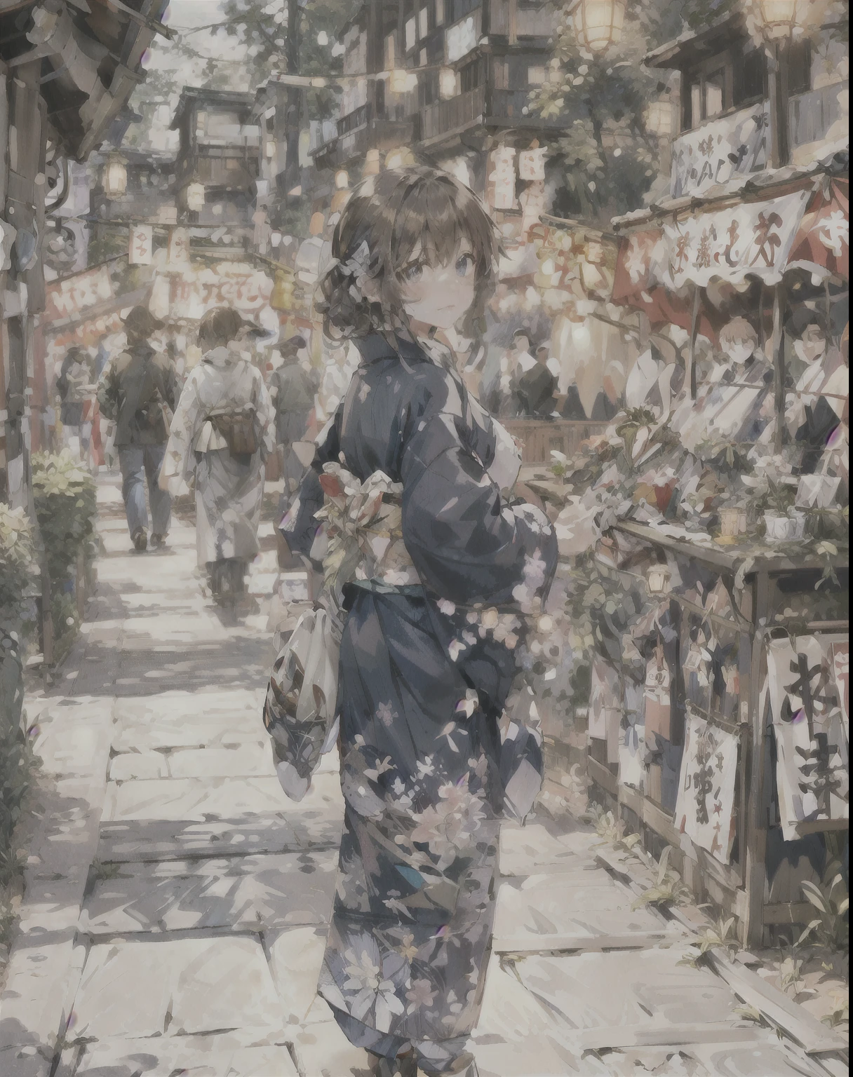 masterpiece, Highest quality, Very detailed, figure, omatsuri, food stand, One girl, Beautiful Eyes, View your viewers, From behind, Cowboy Shot, Recall, yukata, wood, Outdoor,road, walk, crowd, night, lanthanum, festival, food, paved, 横断歩road, paper lanthanum, lamp post, Brown Hair, night sky,