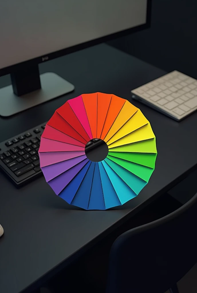 Generate a color wheel photo of a color palette on a black table , with a computer. in the digital marketing scene with a minimalist black style