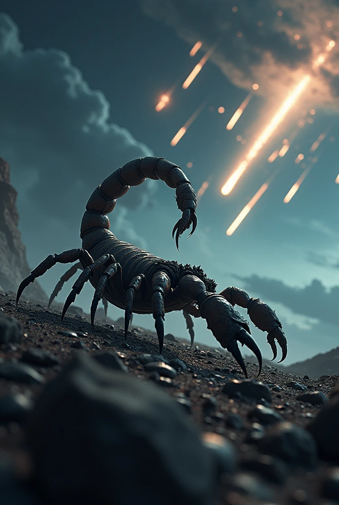 Scorpion attacking and a disaster with meteors in the background
