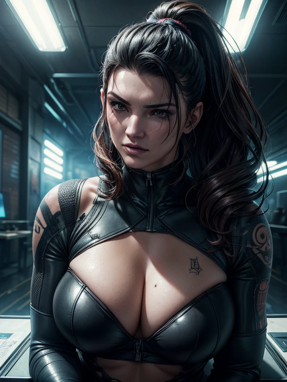 Detailed portrait cyberpunk (Gina Carano) (sks woman) (40 year old sks woman), futuristic neon reflective wear, sci-fi, robot parts, ismail inceoglu dragan bibin hans thoma greg rutkowski alexandros pyromallis nekro rene margitte illustrated, perfect face, round breasts, wide hips, ((tattoo)), brunette (long hair),, matte skin, pores, wrinkles, hyperdetailed, hyperrealistic,, Moody Lighting, Hasselblad Award Winner, Soft Diffuse Lighting, Smirk,, machine face, fine details, realistic shaded, intricate, elegant, dominatrix