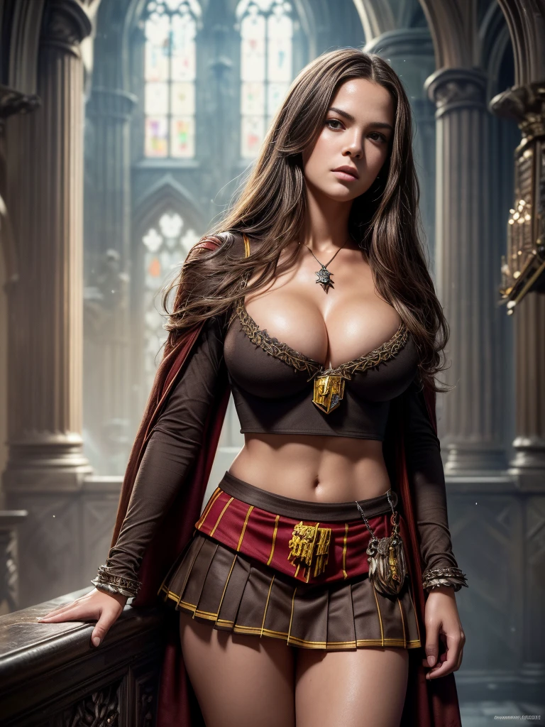 ((front view)), ((bruna marquezine: 1.1) as Hermione Granger,((wearing an short Gryffindor uniform, close to the body, mini skirt, big breasts:1.2)), Hogwarts library in background, (big breasts),(huge cleavage),wet black hair, photoreal render,high contrast image, rendering by octane,zbrush?character design,realisticlying,unreal-engine,ultra - detailed,concept-art,trends in art station? ((best quality)), ((masterpiece)), ((realistic)), (detailed), (brown eyes:1.2), highly detailed skin and hair, Fantasy art,stunning gradient colors,detailed back ground,extremely detaile, tmasterpiece),HDR, (ally)