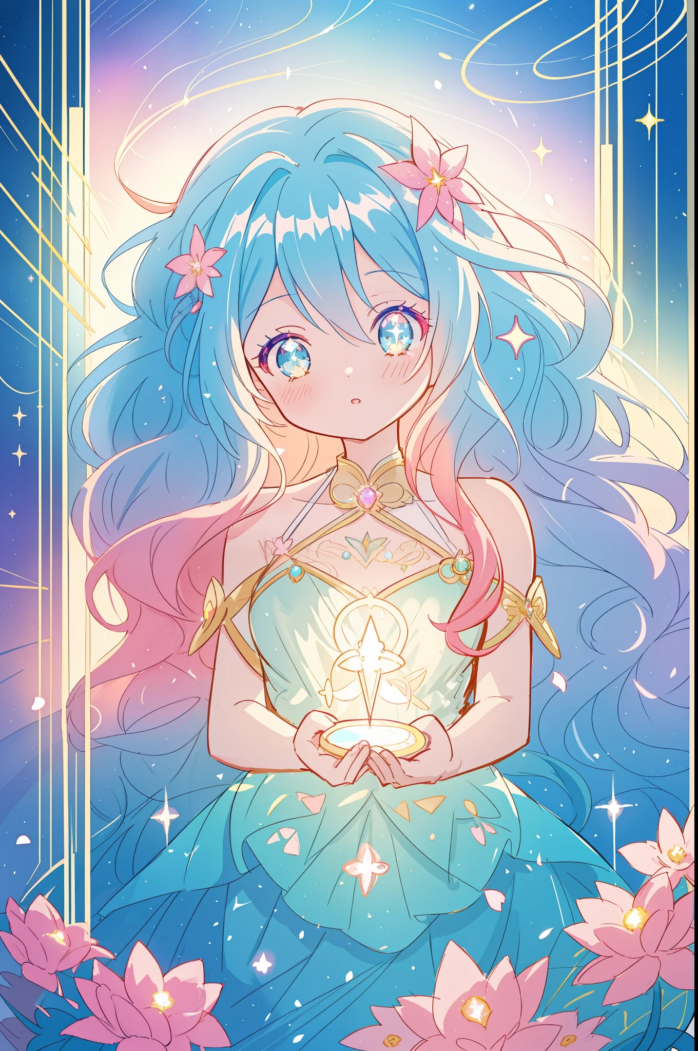 beautiful anime girl in flowing layered ballgown, vibrant pastel colors, (colorful), magical lights, magical flowers, flowers, glowing lights, red pink long wavy hair, sparkling lines of light, inspired by Glen Keane, inspired by Lois van Baarle, disney art style, by Lois van Baarle, glowing aura around her, by Glen Keane, jen bartel, glowing lights! digital painting, flowing glowing hair, glowing flowing hair, beautiful digital illustration, fantasia background, whimsical, magical, fantasy, beautiful face, ((masterpiece, best quality)), intricate details, highly detailed, sharp focus, 8k resolution, sparkling detailed eyes, liquid watercolor