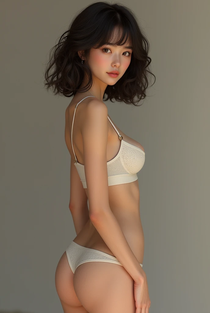 Photo realistic image of a girl, brunette and slim, very small breasts, the smallest round buttocks. curly hair, short bangs