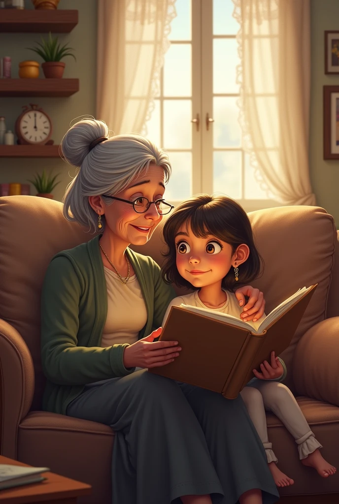 A 6 lady sits telling anecdotes to her 1 niece