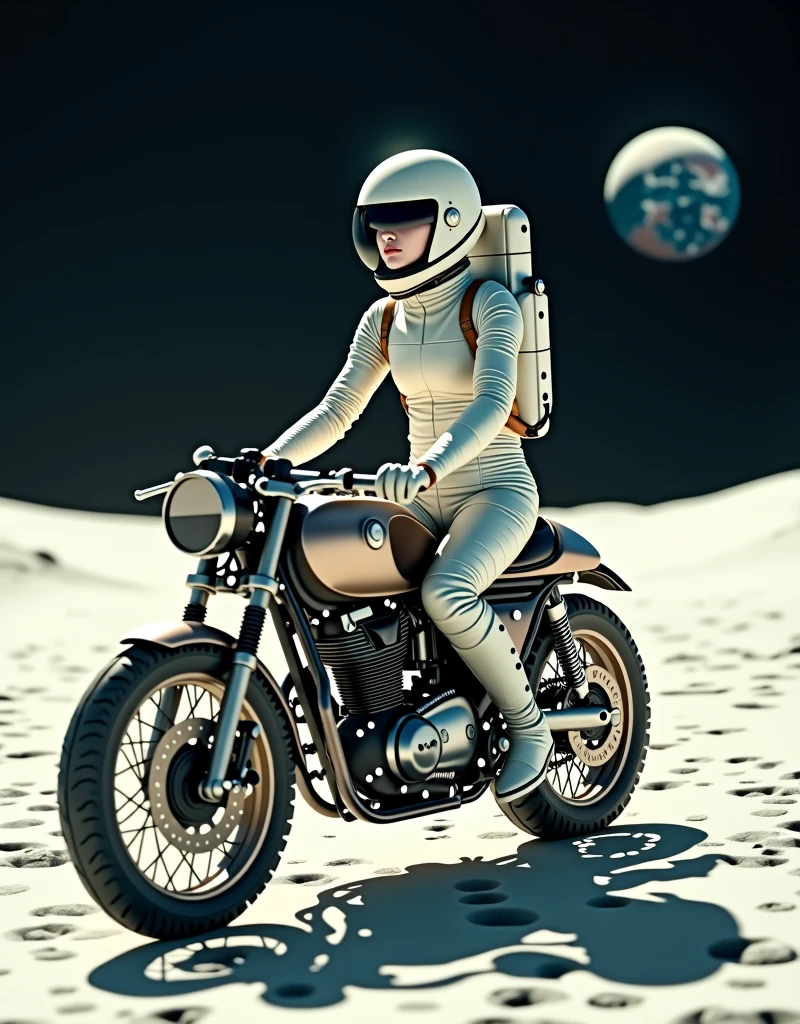 A beautiful young woman from Brooklyn, dressed in a modern astronaut spacesuit, riding a classic cafe racer motorcycle on the surface of the Moon. The Moon's surface is brightly illuminated by the sunlight, creating a stark, bright environment. In the distance, Earth can be seen, floating against the blackness of space. The woman is wearing a sleek, futuristic spacesuit with a helmet, her expression still cool and composed. The motorcycle retains its vintage design, creating a striking contrast between the retro bike and the futuristic lunar setting.