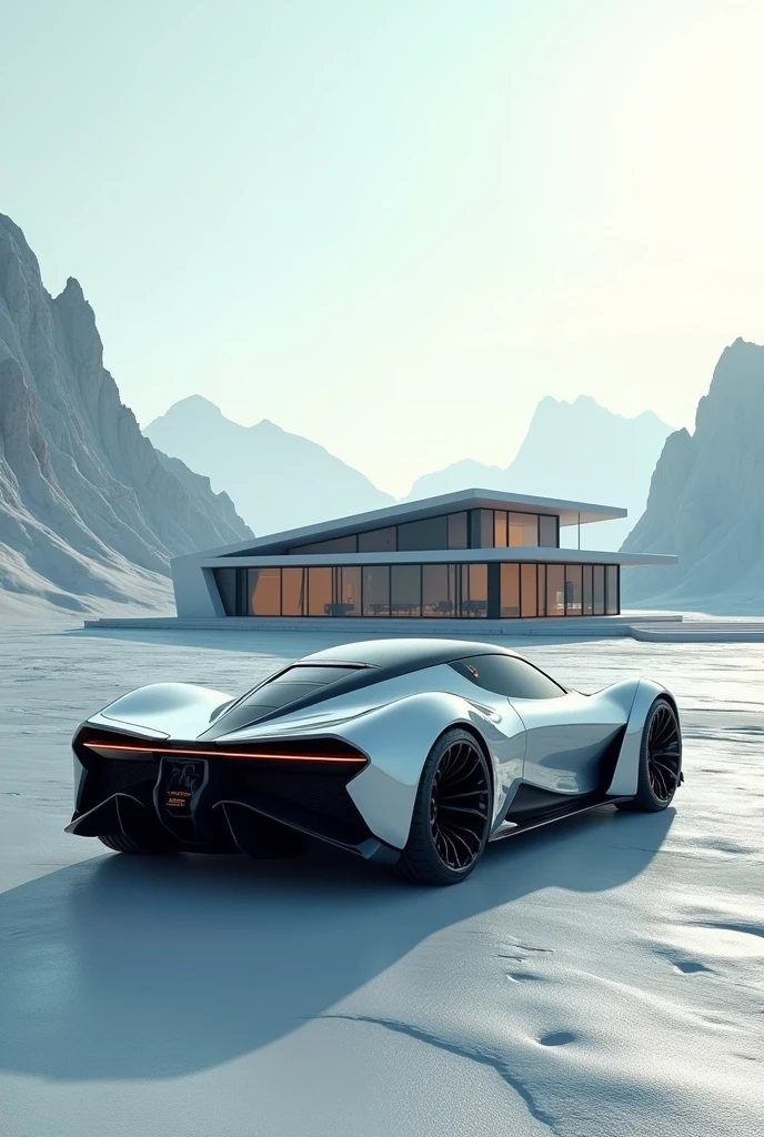 Futuristic sports car in front of futuristic house somewhere remote on earth!