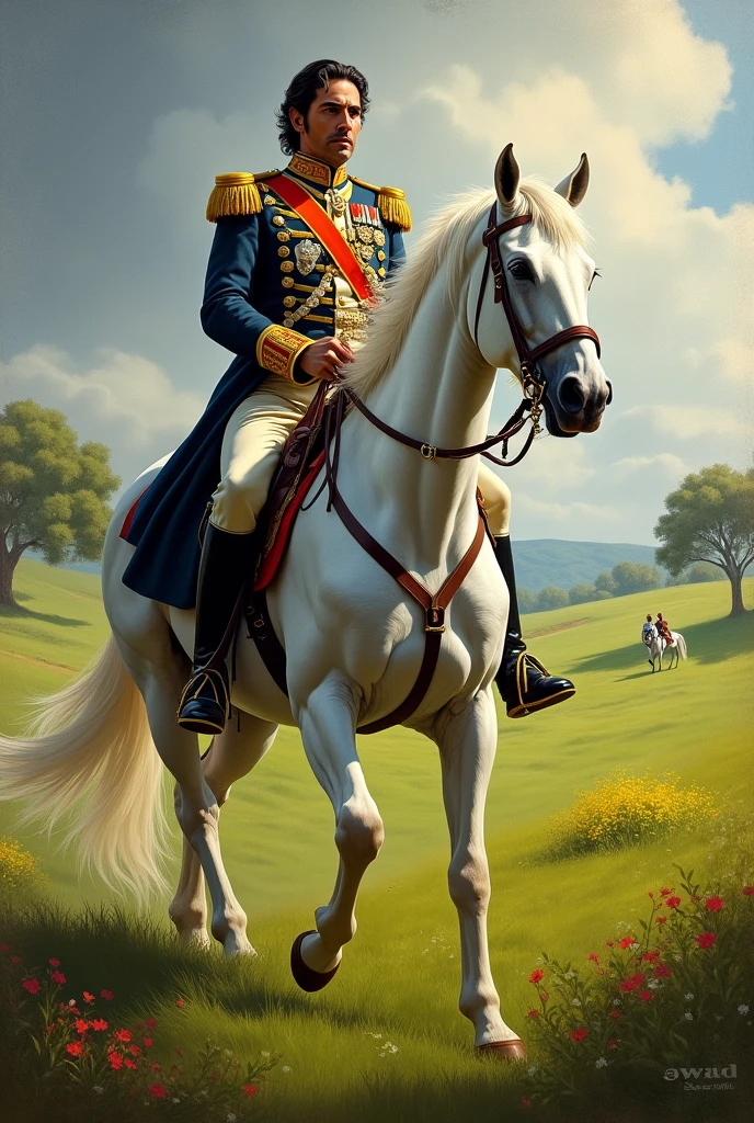 Simon Bolivar the Colombian Liberator riding a white Thoroughbred Horse riding in a pasture
