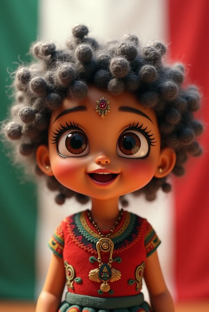 Animated doll, big eyes and curly eyelashes. Curly hair gray and black. smiling. Typical Guatemalan clothing. Background the flag of Guatemala