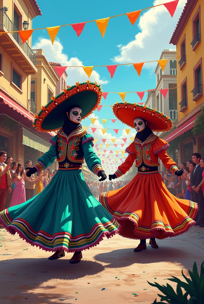 Create a drawing about the chinelos dance at a carnival