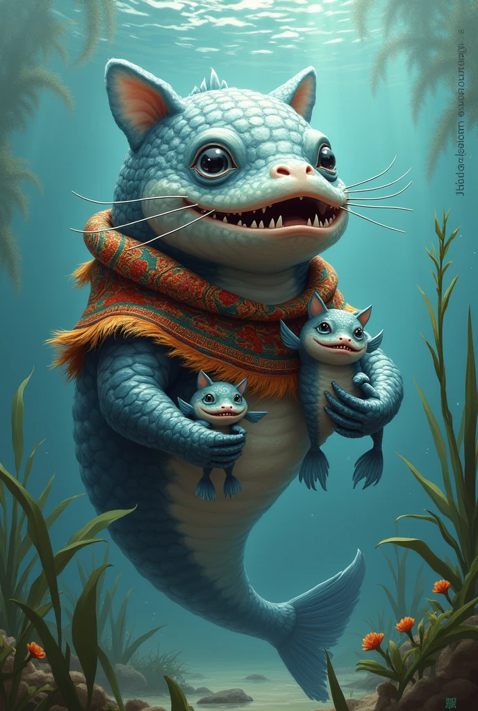  generate a mohan or a giant catfish with large fangs and a humanoid shape that is cute and tender with typical clothing from the Andean region and that lives in the water with the other catfish 