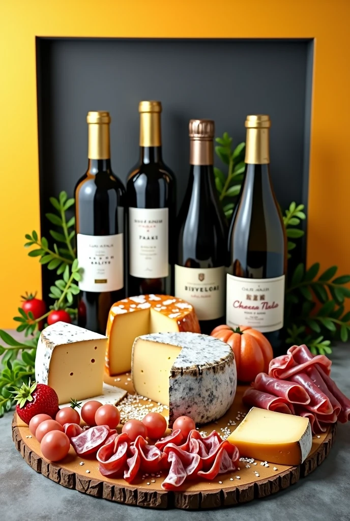 create a banner for cheeses, wines and cold cuts in general with yellow and black borders