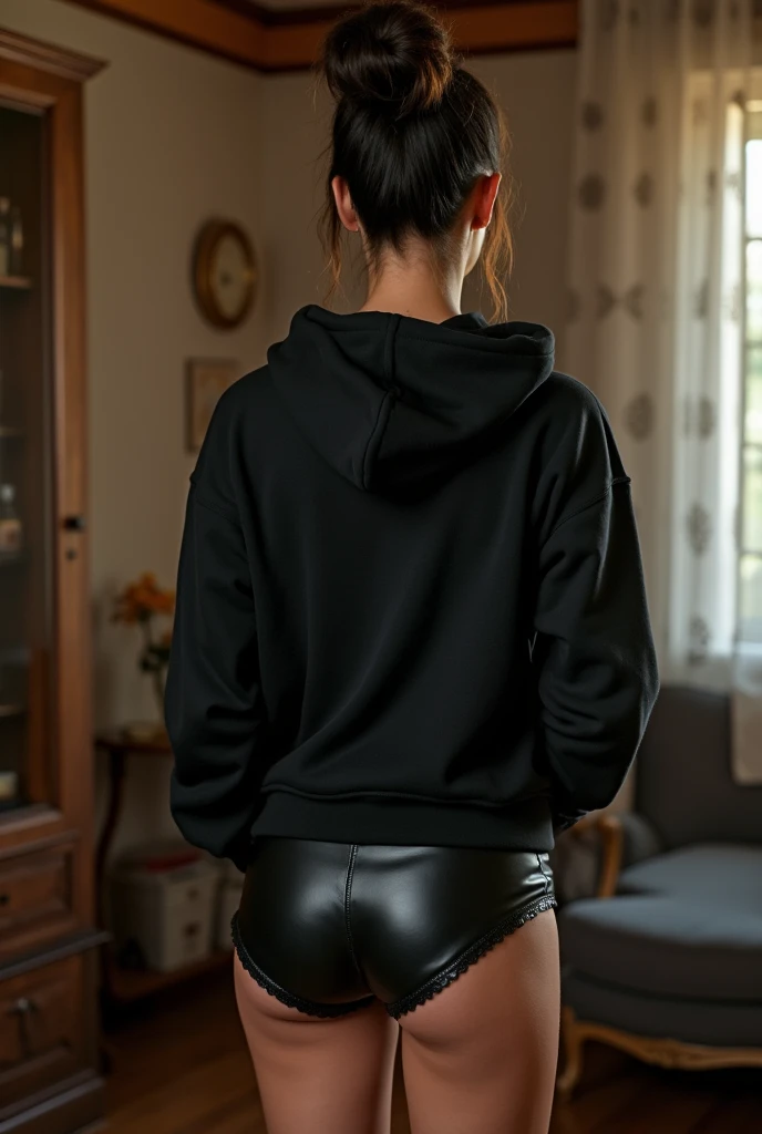 black woman hair in a bun black hoodie black leather short shorts being fucked in the ass by a old grandma in a dress