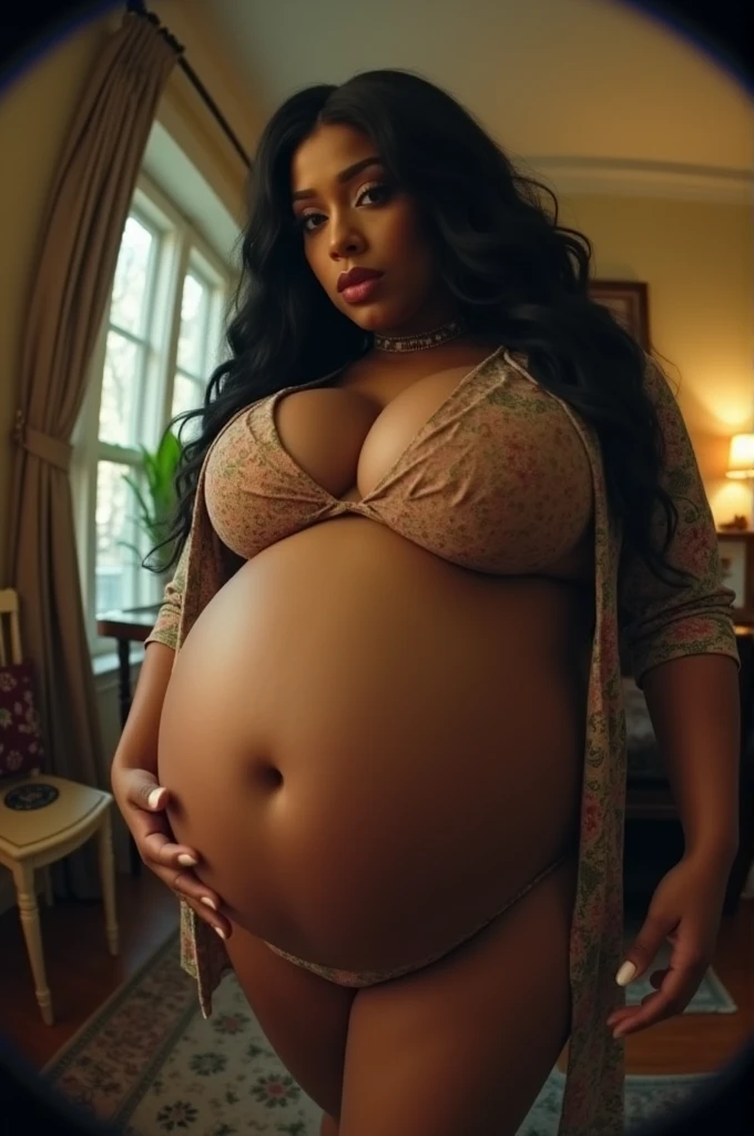Pov fisheye angle view when having a stepmother cardi b with a plus size body with sagging breast size who is pregnant with a very big stomach around 40 weeks like a giant and wants to eat you because she is hungry at your house. HD, realface, cinematic
