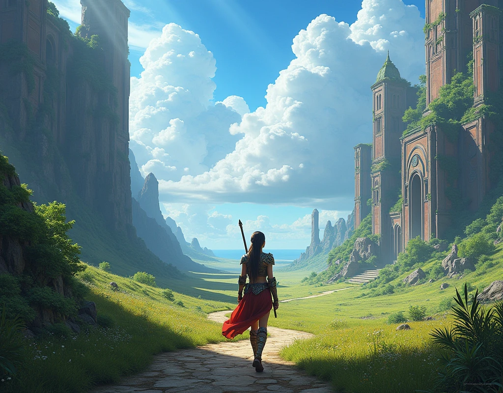 detailed fantasy landscape, mystical RPG world, sweeping savanna scenery, lush vegetation, vibrant blue sky, dramatic lighting, volumetric clouds, sun rays, detailed foliage, towering cliffs, ancient ruins, detailed architecture, fantasy elements, highly detailed, 8k, photorealistic, cinematic, masterpiece, beautiful colors, dramatic lighting, epic scale, with female character warrior walking in the middle of path 