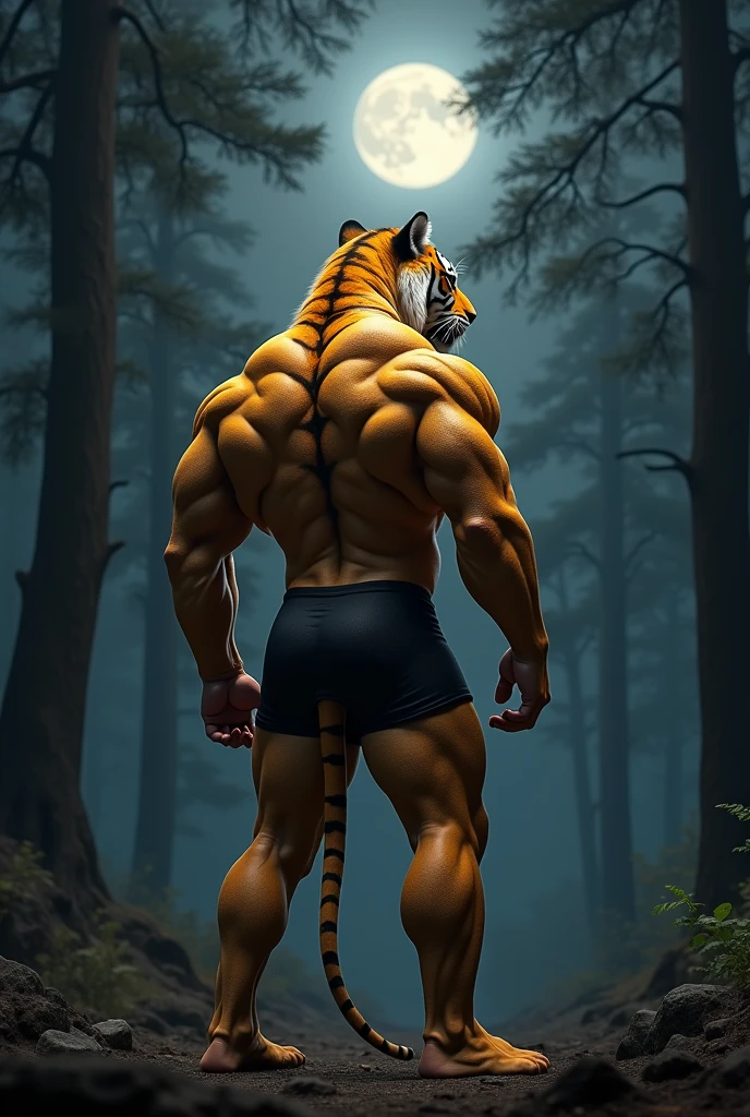 (photorealism:1.2), ((master piece)) a big butt muscular yellow tiger posing and wearing black underwear in the night forest with his back turned, Digital art