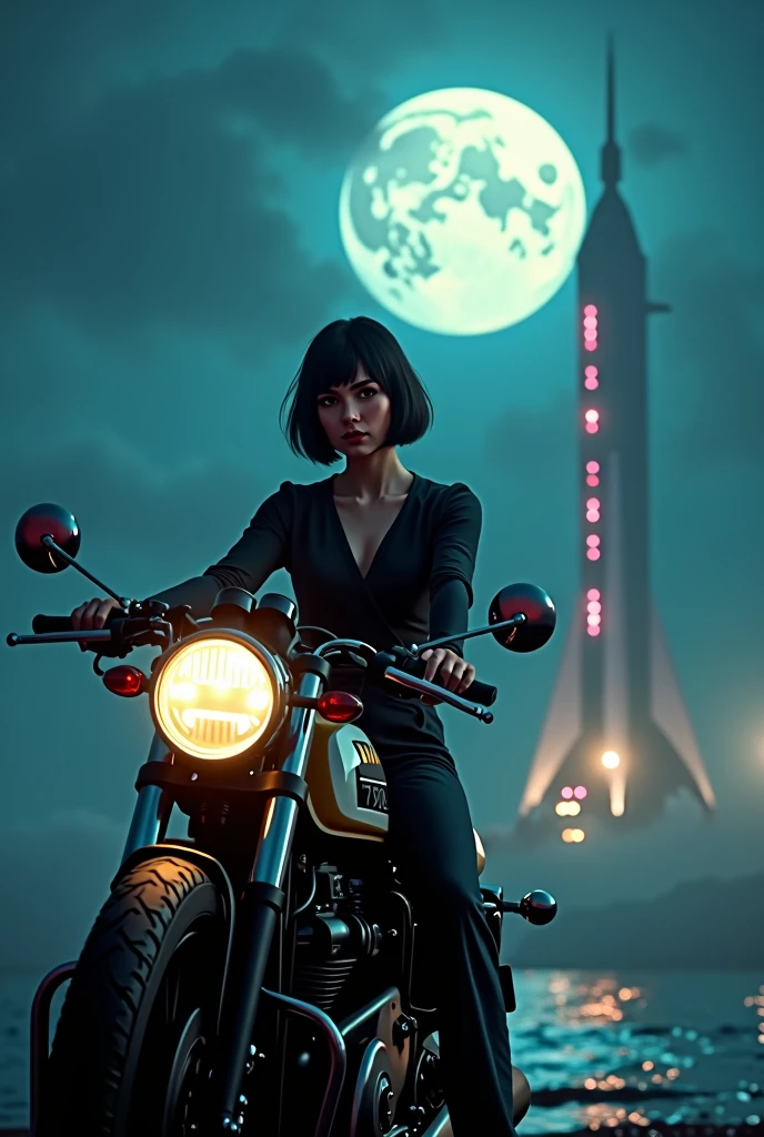 
A breathtaking scene set on the night of the Mid-Autumn Festival under a bright full moon. In the foreground, a beautiful young woman from Brooklyn, dressed in a stylish jumpsuit, sits confidently on a classic café racer motorcycle. She has short black bob hair and a cool, composed expression, exuding an urban, sophisticated vibe. The background features a towering space rocket launch pad nearby, with the rocket ready for launch. The scene blends the mystique of the moonlit night with the tension and excitement of a space mission. The vintage motorcycle adds a retro touch, while the overall setting is infused with a mix of urban charm and futuristic ambition. The atmosphere is slightly misty, with the moonlight casting an ethereal glow over the entire scene.