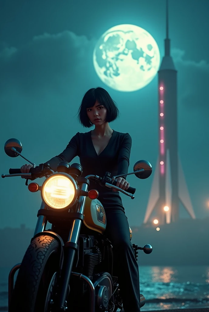 A breathtaking scene set on the night of the Mid-Autumn Festival under a bright full moon. In the foreground, a beautiful young woman from Brooklyn, dressed in a stylish jumpsuit, sits confidently on a classic café racer motorcycle. She has short black bob hair and a cool, composed expression, exuding an urban, sophisticated vibe. The background features a towering space rocket launch pad nearby, with the rocket ready for launch. The scene blends the mystique of the moonlit night with the tension and excitement of a space mission. The vintage motorcycle adds a retro touch, while the overall setting is infused with a mix of urban charm and futuristic ambition. The atmosphere is slightly misty, with the moonlight casting an ethereal glow over the entire scene.