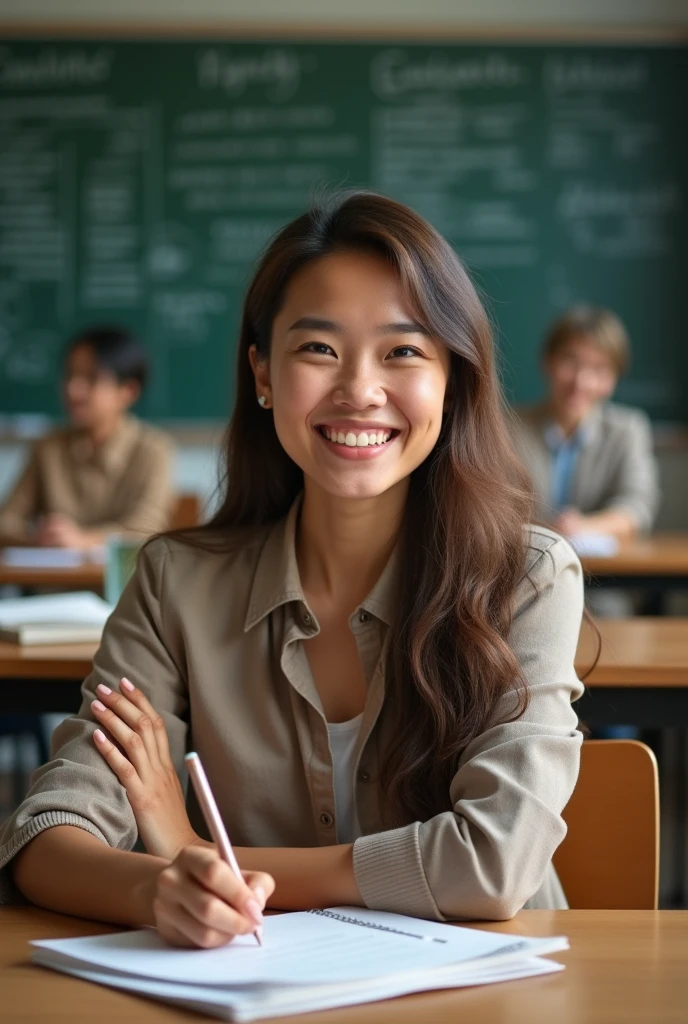 Woman with a pleased face in a classroom