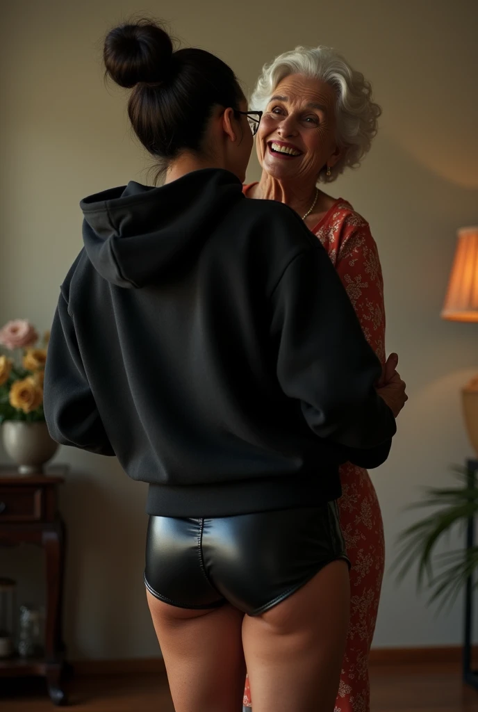 black woman hair in a bun black hoodie black leather short shorts being fucked in the ass by a old grandma in a dress