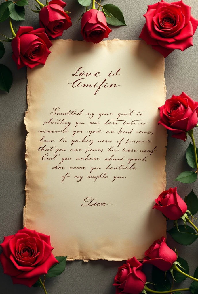 an old letter written with a quill pen and with red roses around it
