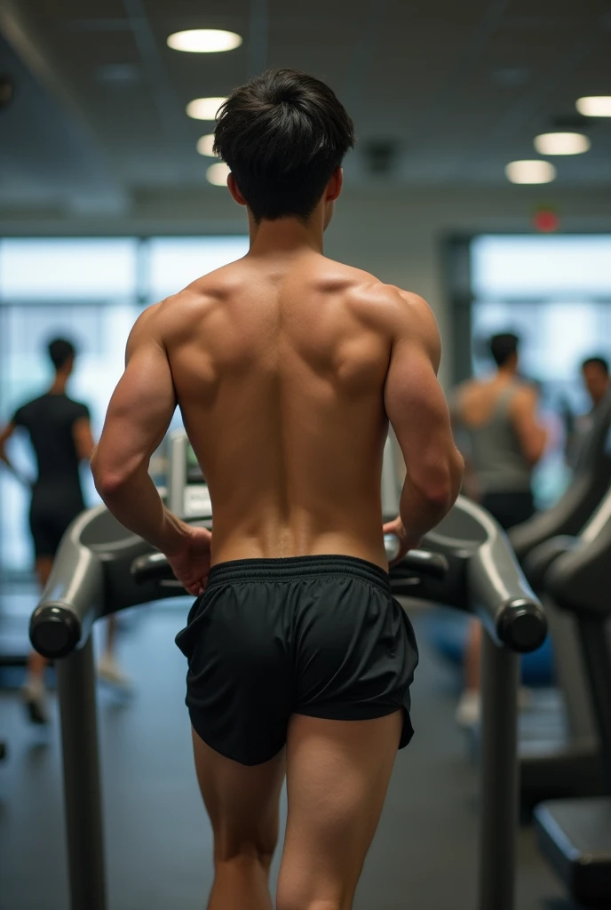 1boy、Photo Quality、Cute handsome man、Mash Hair、Japanese male, 、Completely naked、Full nudity、erection、Huge penis、Highest quality、Realistic、beautiful、Gym、Rear view of running on a treadmill、Completely naked、お尻丸出しのCompletely naked、Naked